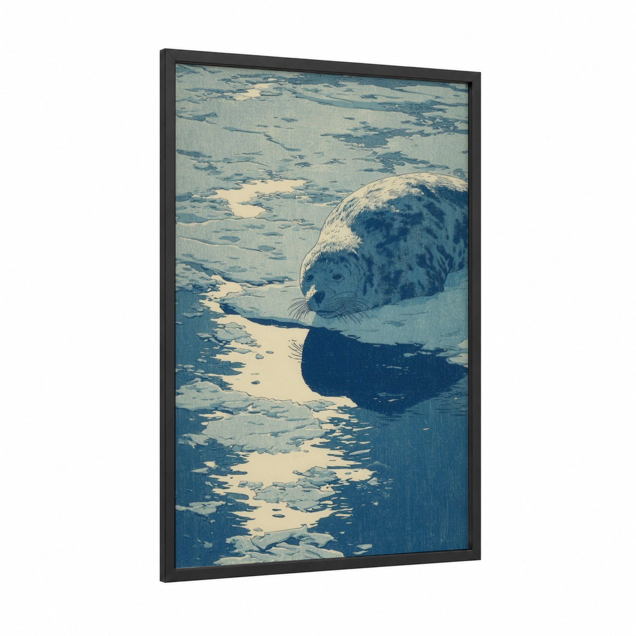 Arctic Seal framed art print — black wood frame — blue and white and blue palette