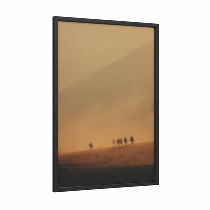 Desert Caravan framed horseback print — black wood frame — gold and brown palette