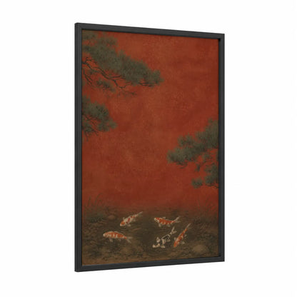 Koi Fish Pond Pine Tree Wall Art framed art print — black wood frame — red and orange palette