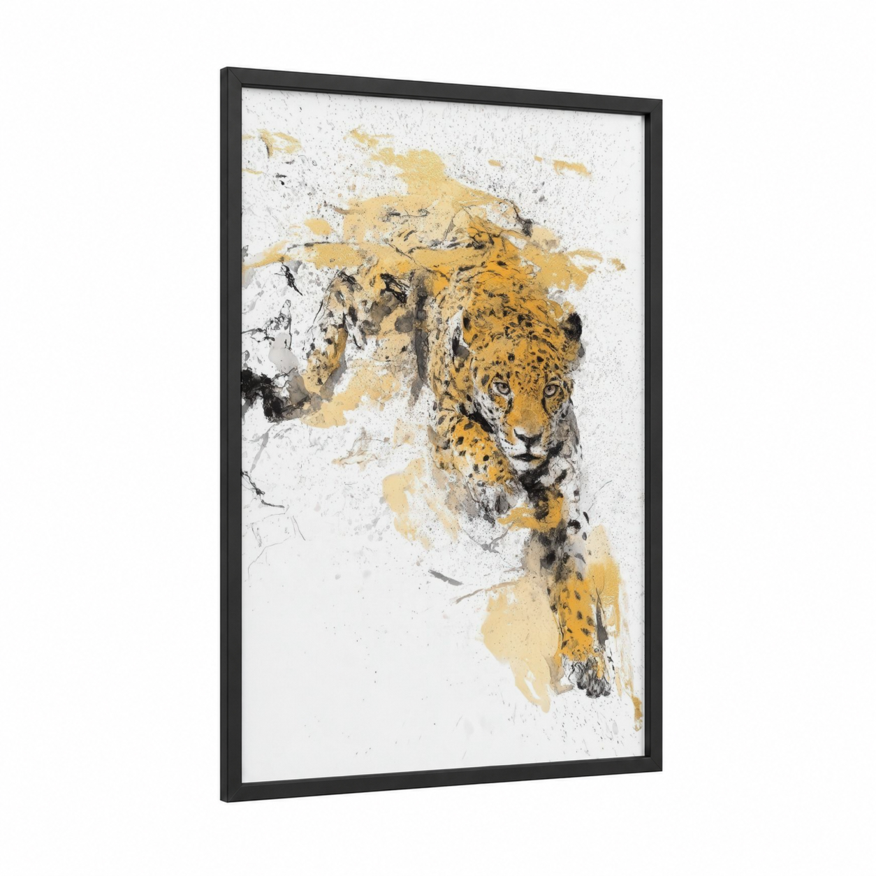 Golden Jaguar framed art print — black wood frame — gold and black and white palette