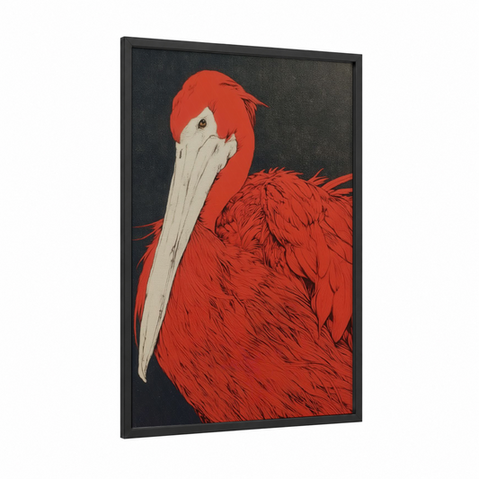 Crimson Pelican framed art print — black wood frame — red and black and white palette