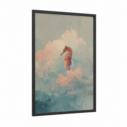 Crimson Seahorse framed sea horse print — black wood frame — peach and blue and gray palette