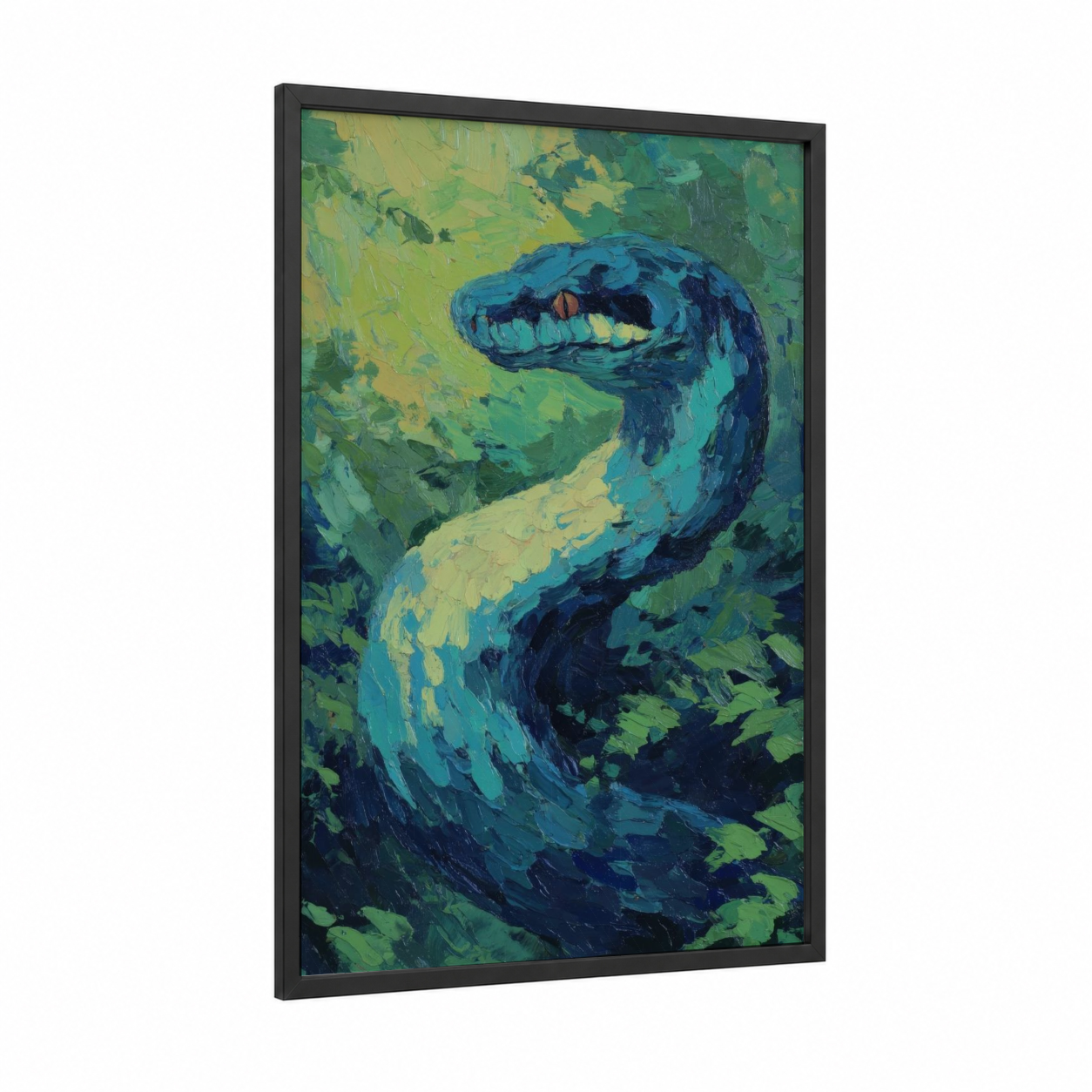 Emerald Serpent framed boa constrictor print — black wood frame — blue and true green palette