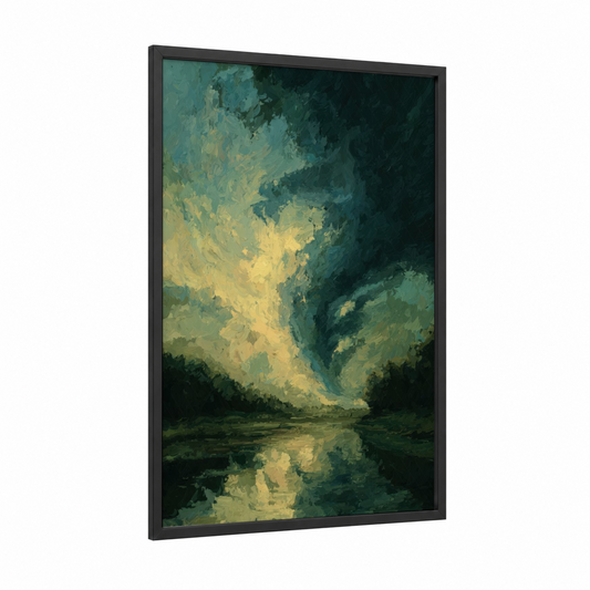 Emerald Tornado framed art print — black wood frame — teal and yellow gold palette