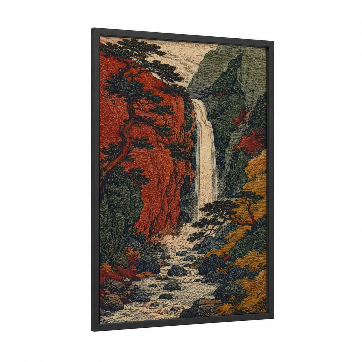 Japanese Waterfall Mountain Landscape Wall Art framed art print — black wood frame — russet and true green palette