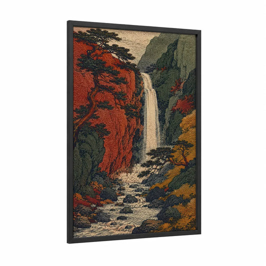 Japanese Waterfall Mountain Landscape Wall Art framed art print — black wood frame — russet and true green palette