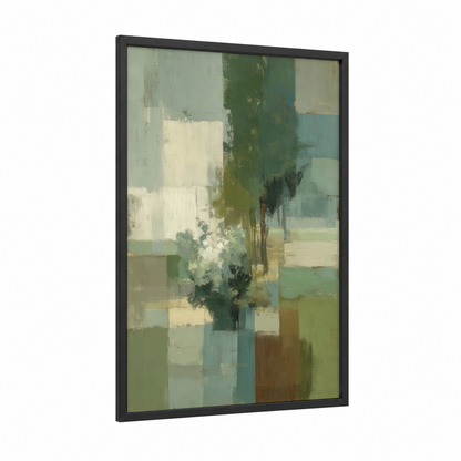 Olive Tree Abstraction framed art print — black wood frame — sage green and blue and white palette