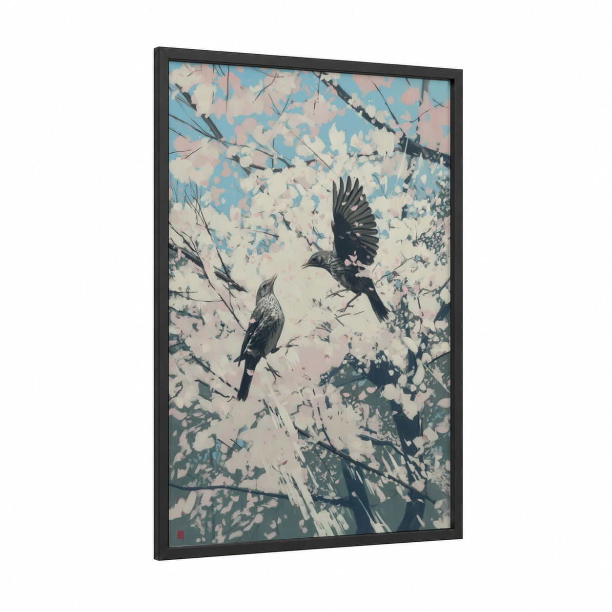Ascending Thrush framed art print — black wood frame — blue and cream palette