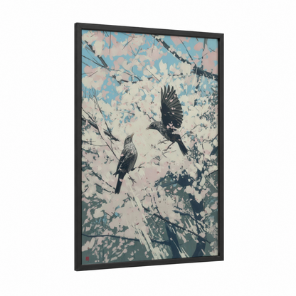 Ascending Thrush framed art print — black wood frame — blue and cream palette