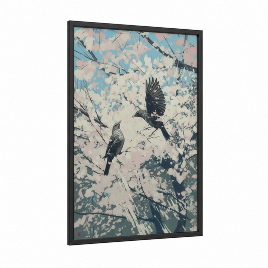 Ascending Thrush framed art print — black wood frame — blue and cream palette