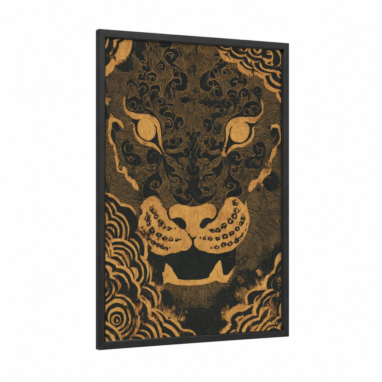 Golden Leo Majesty framed art print — black wood frame — gold and black palette