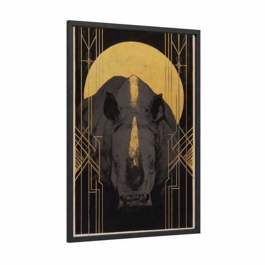 Golden Rhino framed art print — black wood frame — gold and black palette