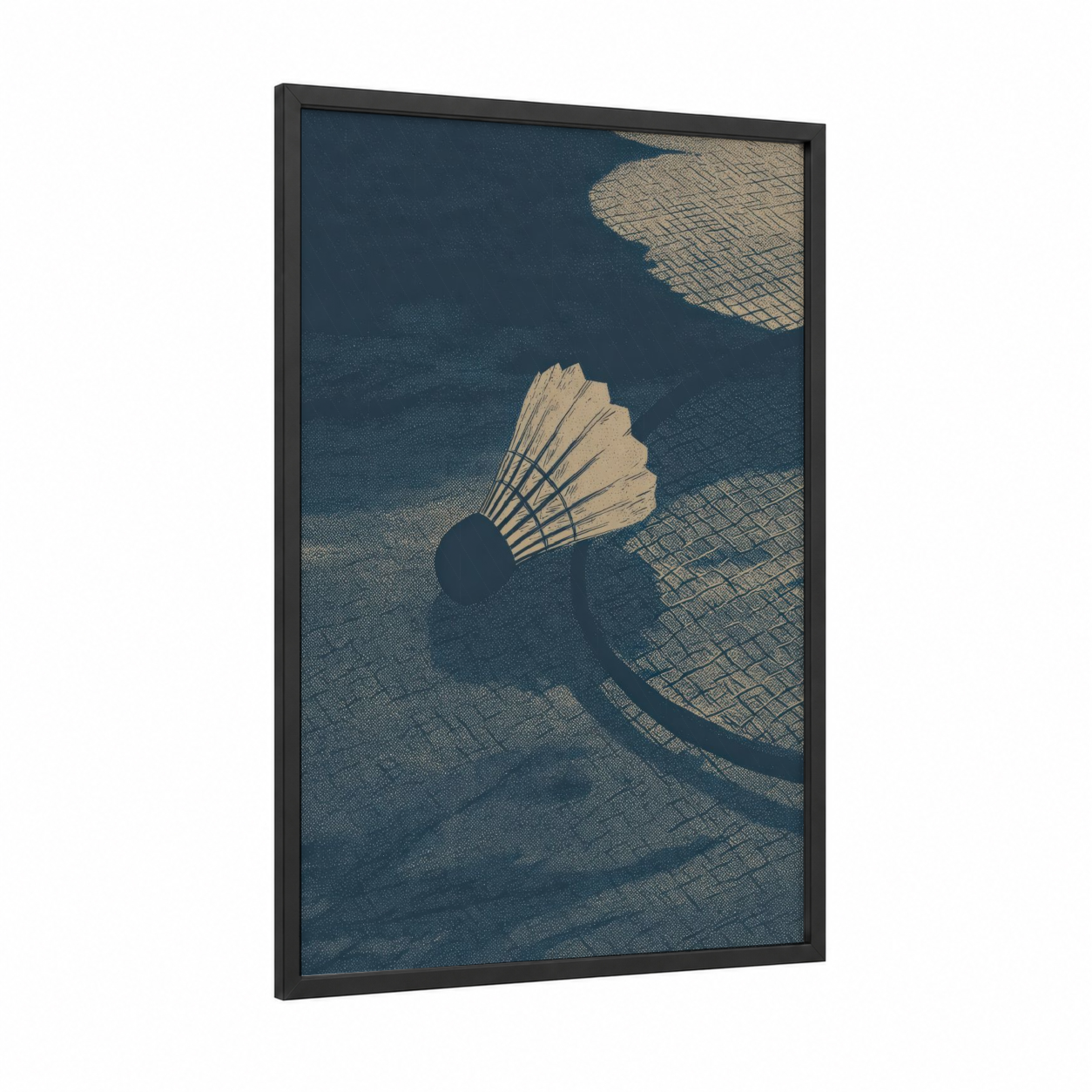 Badminton Court Shadows framed art print — black wood frame — dark blue and cream palette