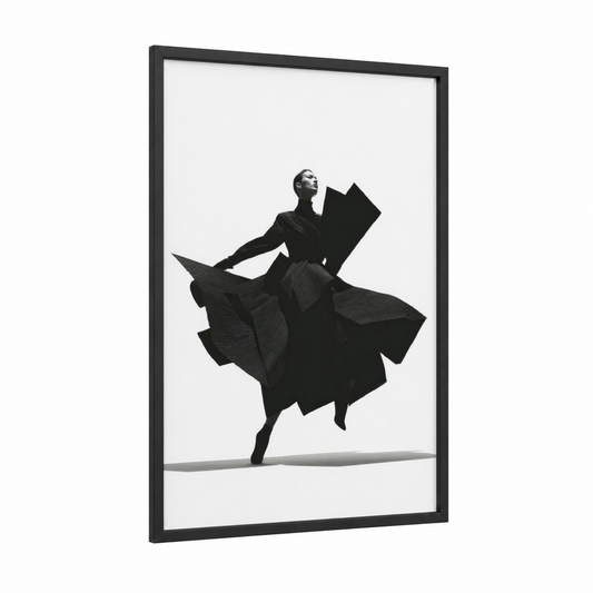 Geometric Dancer framed modern dance print — black wood frame — black and white palette