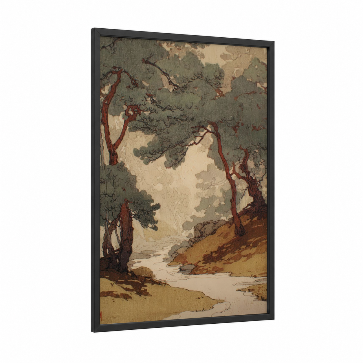 Riverside Juniper framed juniper tree print — black wood frame — sage green and russet palette