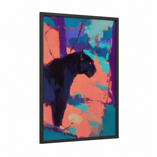 Neon Panther framed art print — black wood frame — magenta and turquoise palette