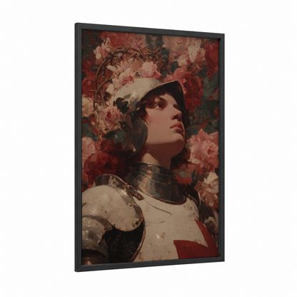 Armored Saint framed joan of arc print — black wood frame — red and cream palette