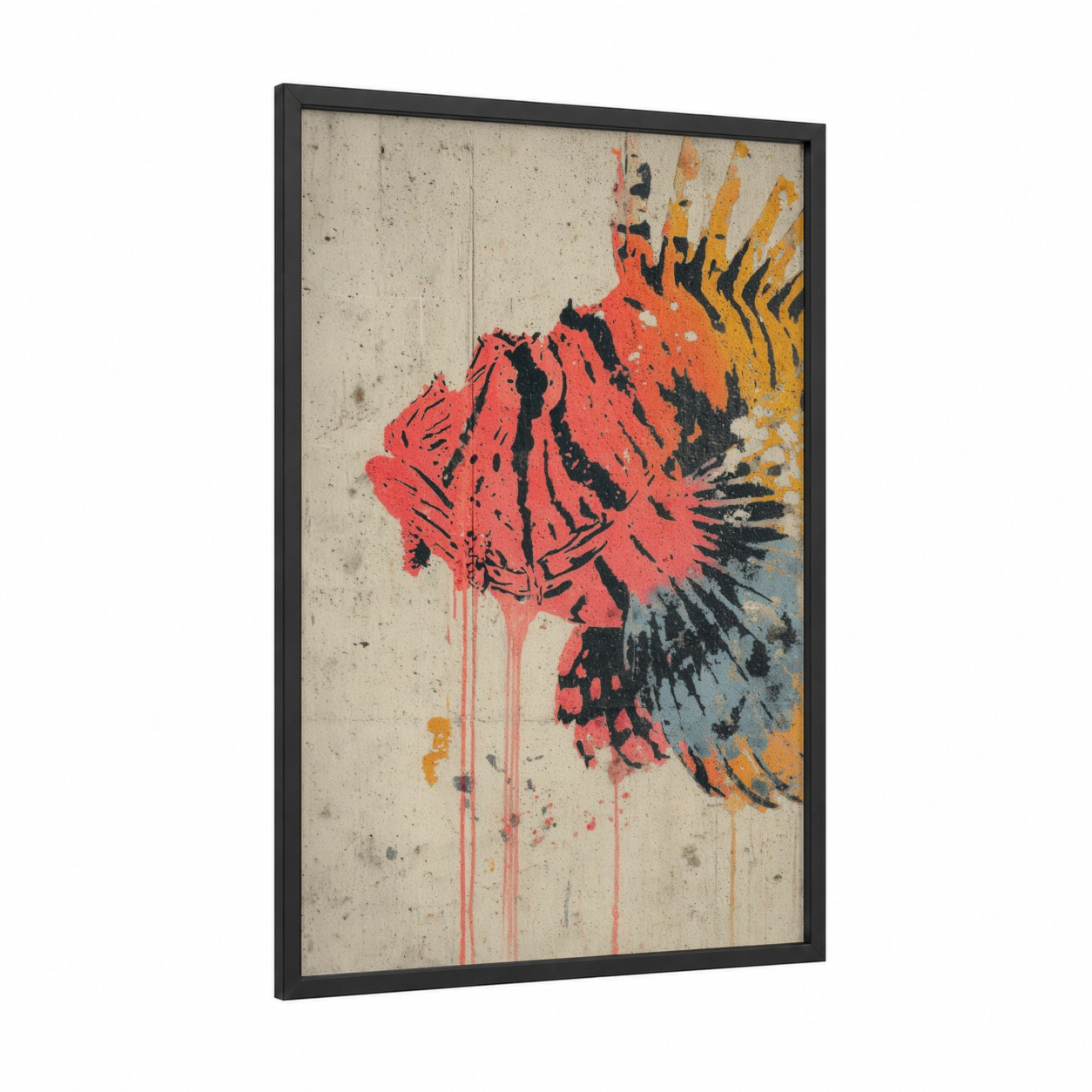 Crimson Lionfish framed art print — black wood frame — red and orange palette