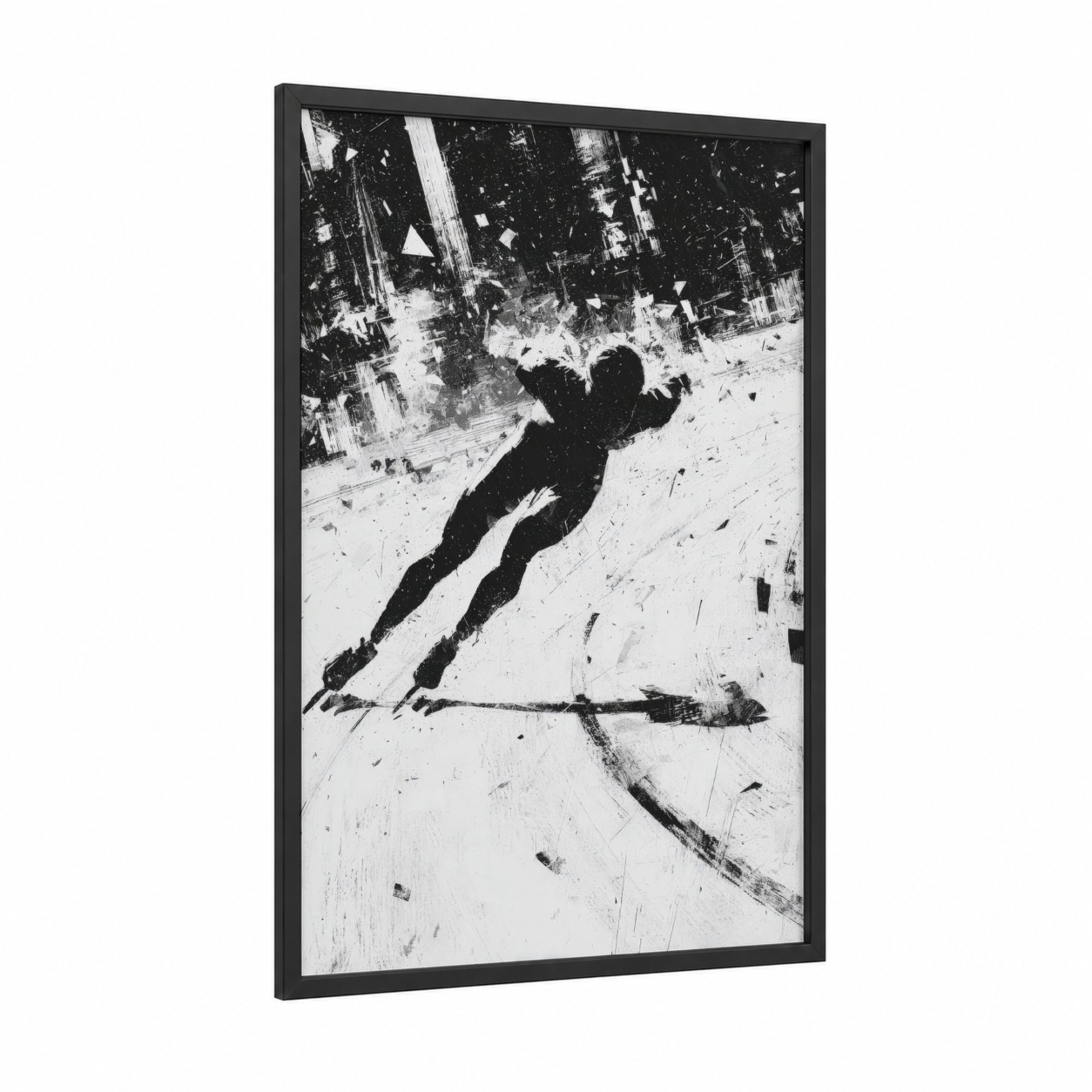 Aerial Ice Skater framed ice skating print — black wood frame — black and white palette