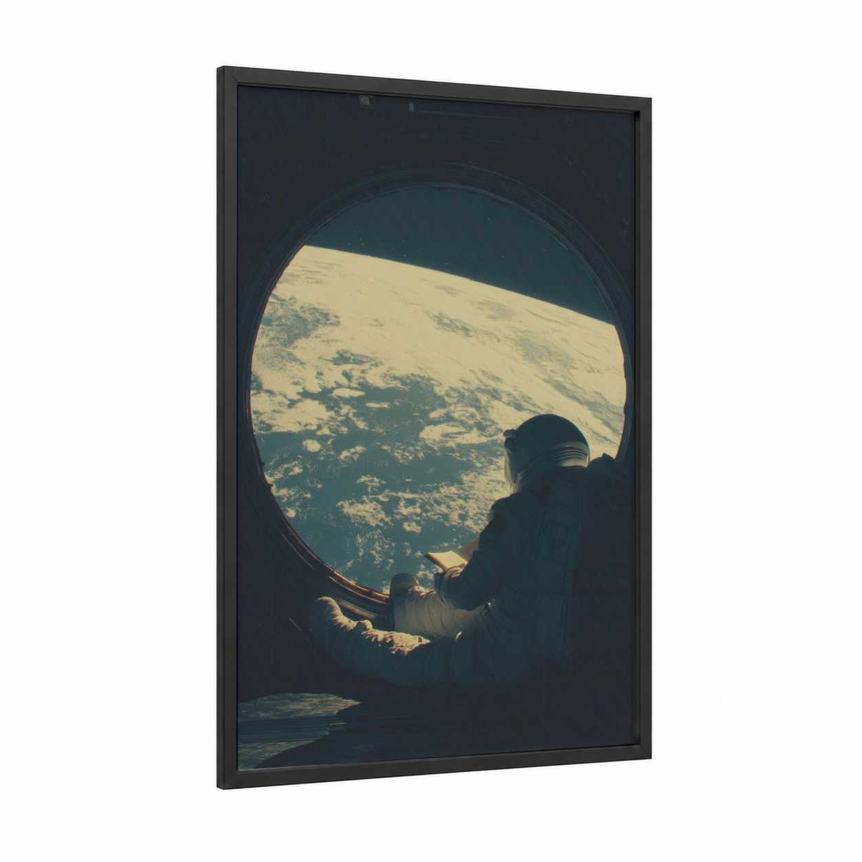 Orbital Reader framed reading print — black wood frame — gold and teal palette
