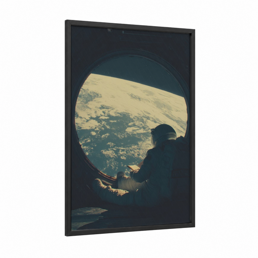 Orbital Reader framed reading print — black wood frame — gold and teal palette