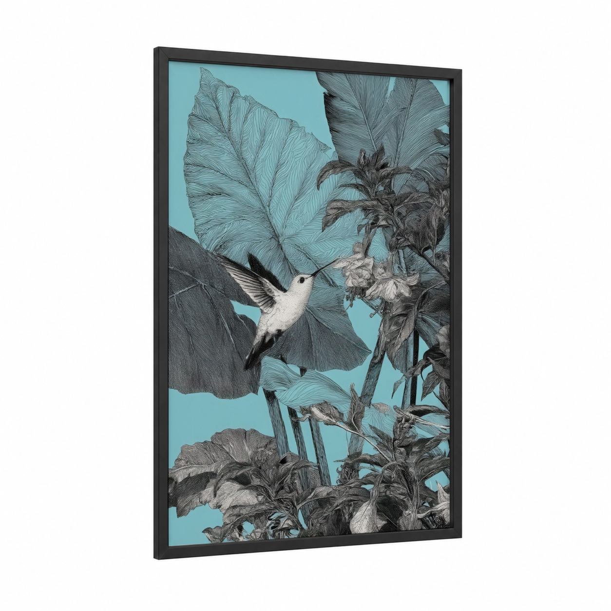 Turquoise Hummingbird framed art print — black wood frame — turquoise and gray palette