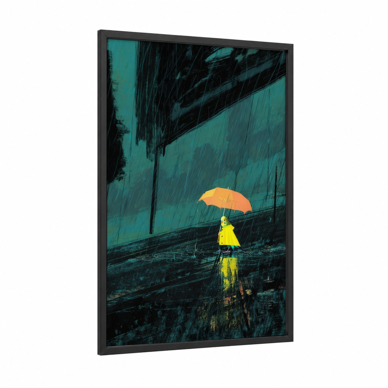 Rainy Day Budgie framed budgeridar print — black wood frame — teal and gold palette