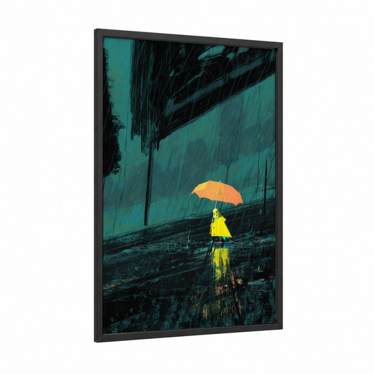 Rainy Day Budgie framed budgeridar print — black wood frame — teal and gold palette