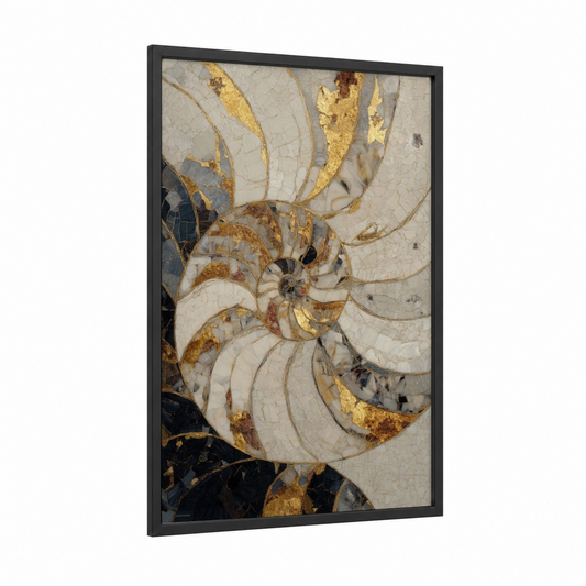 Golden Nautilus framed art print — black wood frame — gold and cream palette
