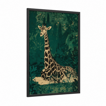 Jungle Giraffe framed art print — black wood frame — dark green and cream palette