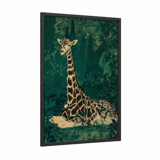 Jungle Giraffe framed art print — black wood frame — dark green and cream palette
