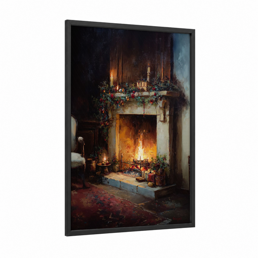 Festive Fireplace Glow framed art print — black wood frame — gold and maroon palette