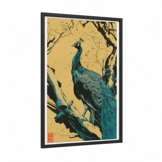 Turquoise Peacock framed art print — black wood frame — gold and teal palette