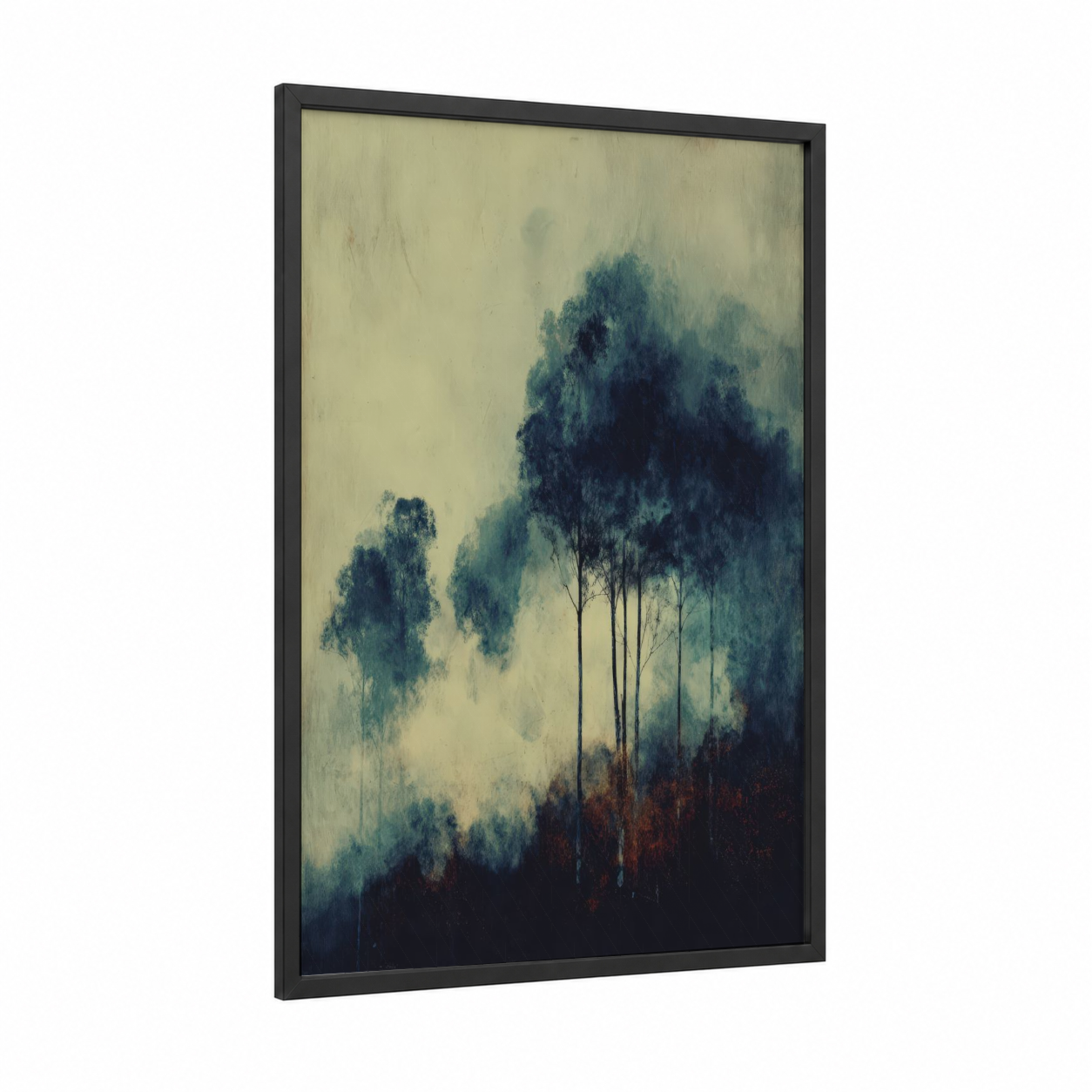 Misty Forest Silhouette framed forest trees print — black wood frame — dark blue and cream palette