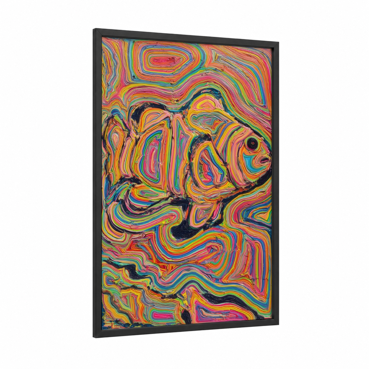 Psychedelic Clownfish framed clown fish print — black wood frame — magenta and orange palette
