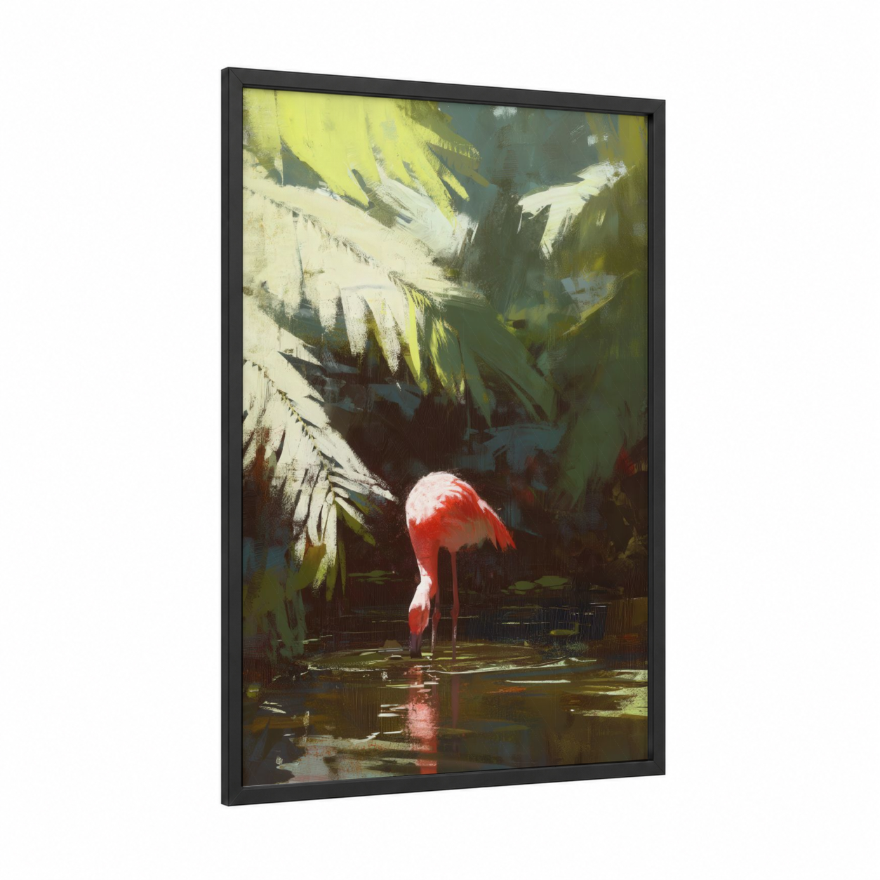 Crimson Flamingo framed art print — black wood frame — red and green palette