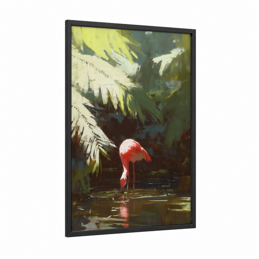 Crimson Flamingo framed art print — black wood frame — red and green palette