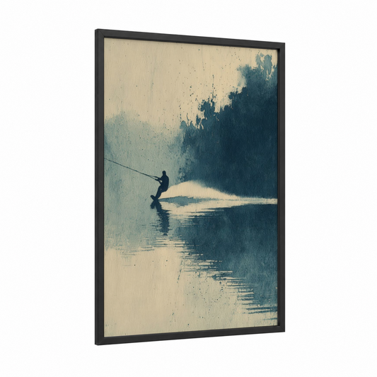 Misty Wakeboarder framed wakeboarding print — black wood frame — blue and cream palette