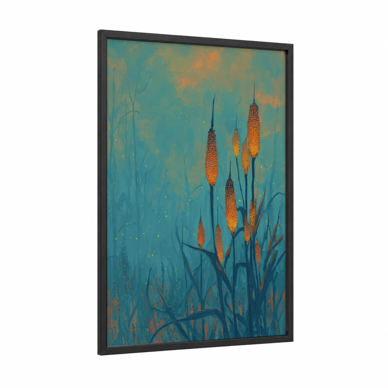 Golden Grain Field framed art print — black wood frame — teal and gold palette