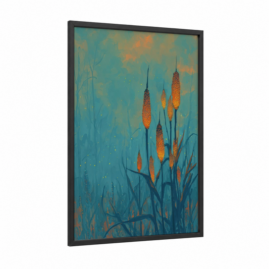 Golden Grain Field framed art print — black wood frame — teal and gold palette