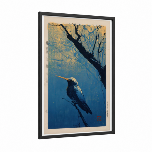 Solitary Hummingbird framed art print — black wood frame — blue and gold palette