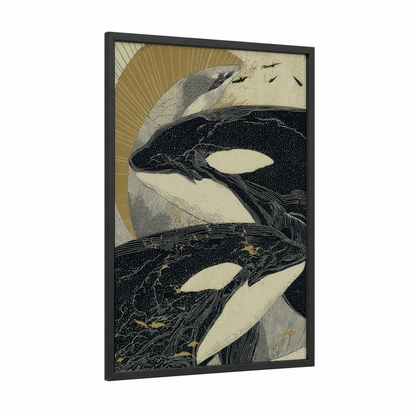 Golden Orca Pair framed orca whale print — black wood frame — black and gold and cream palette