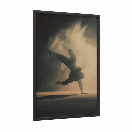 Silhouette Breakdancer framed street dance print — black wood frame — black and gold palette