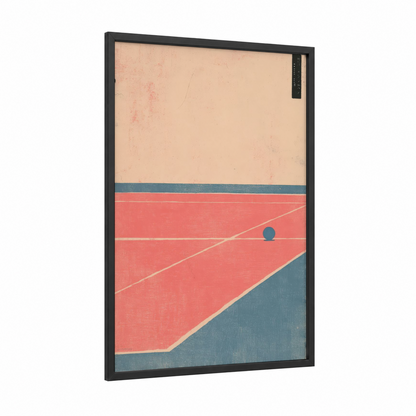 Court Geometry framed racquetball print — black wood frame — red and bermuda gray palette
