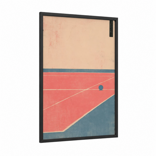 Court Geometry framed racquetball print — black wood frame — red and bermuda gray palette
