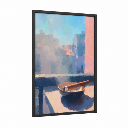 Harbor Cigar framed cigars print — black wood frame — blue and gold palette