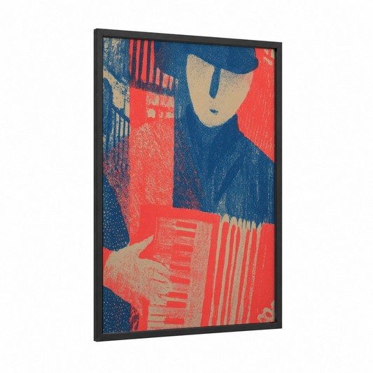Vintage Accordionist framed art print — black wood frame — red and dark blue palette