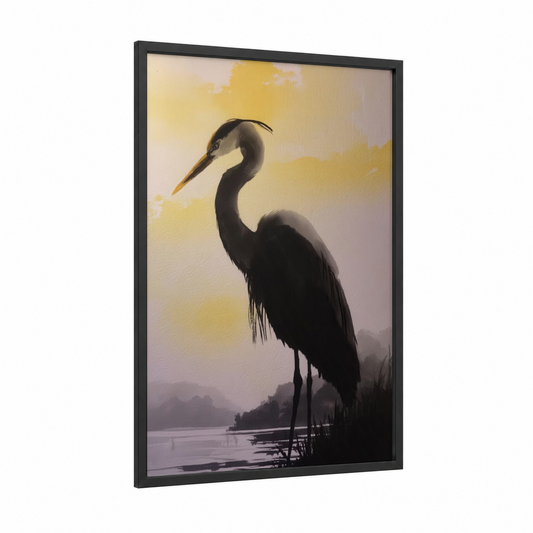 Misty Heron framed art print — black wood frame — yellow gold and gray palette