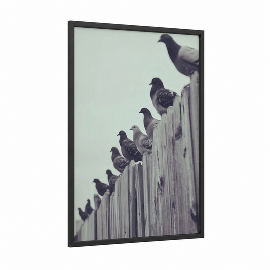 Perched Pigeons framed art print — black wood frame — black and white and gray palette