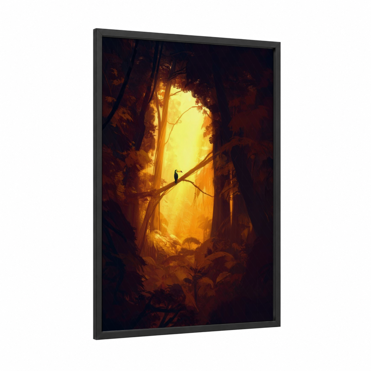 Golden Toucan framed art print — black wood frame — gold and black palette